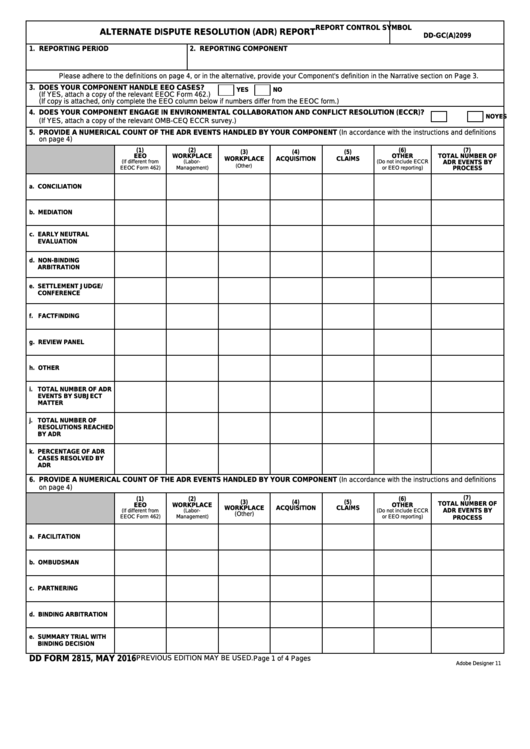 Fillable Dd Form 2815 - Alternate Dispute Resolution (Adr) Report Printable pdf