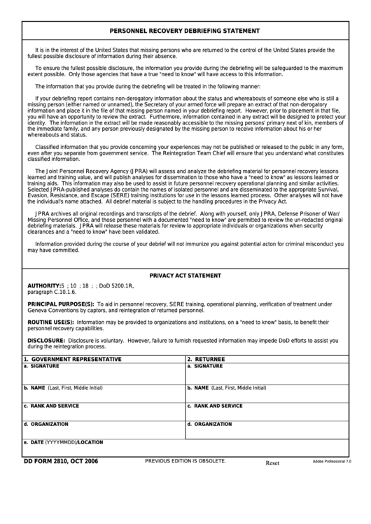 Fillable Dd Form 2810 - Personnel Recovery Debriefing Statement Printable pdf