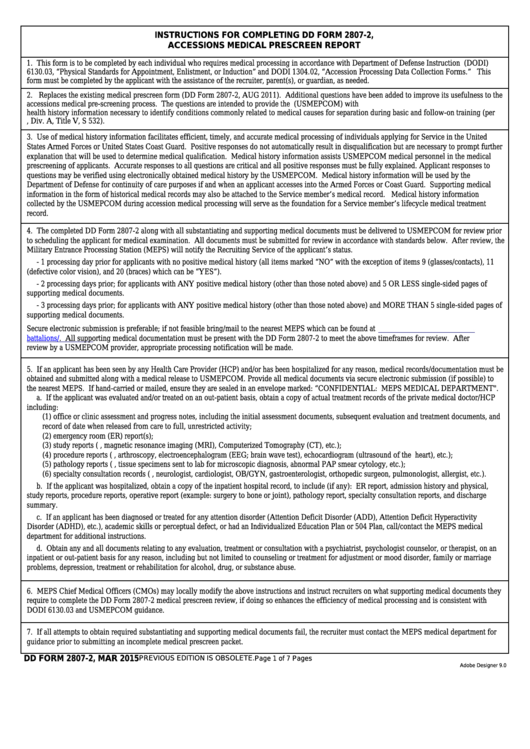 Fillable Dd Form 2807-2 - Accessions Medical Prescreen Report Printable pdf