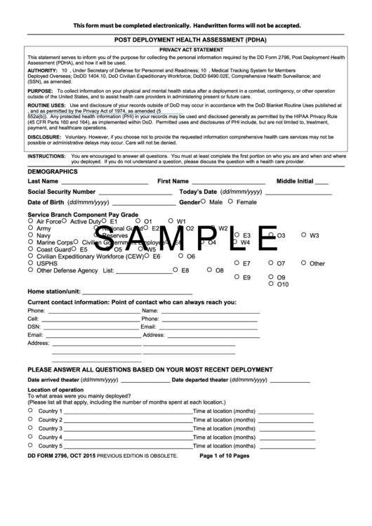 Dd Form 2796 Draft - Post-Deployment Health Assessment (Pdha) Printable pdf