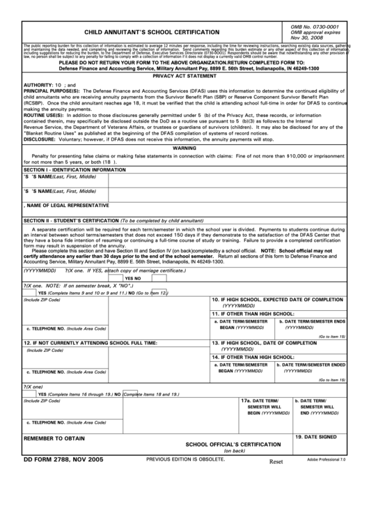 Fillable Dd Form 2788 - Child Annuitant