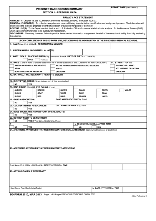 Fillable Dd Form 2710 - Prisoner Background Summary Printable pdf