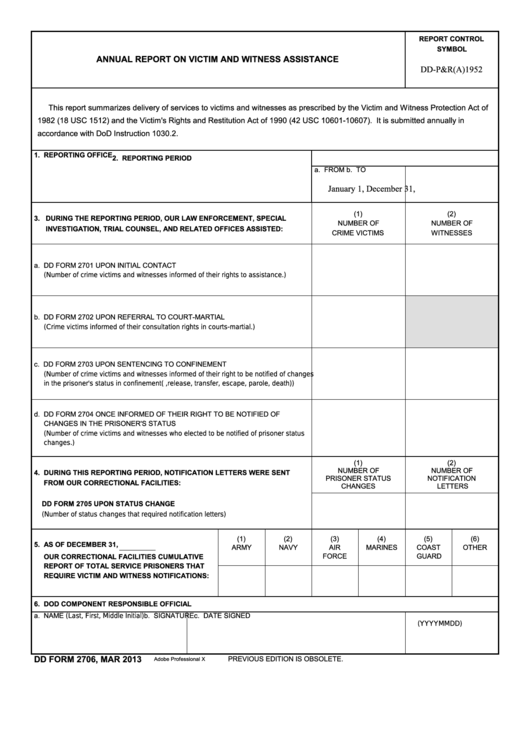 Fillable Dd Form 2706 Annual Report On Victim And Witness Assistance