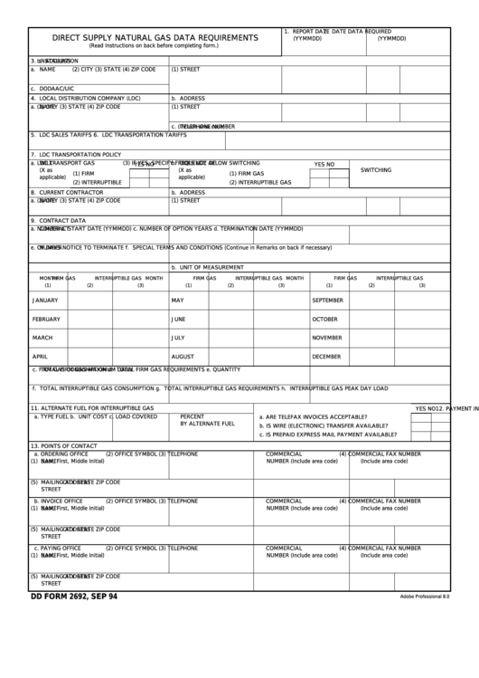 Fillable Dd Form 2692 - Direct Supply Natural Gas Data Requirements Printable pdf