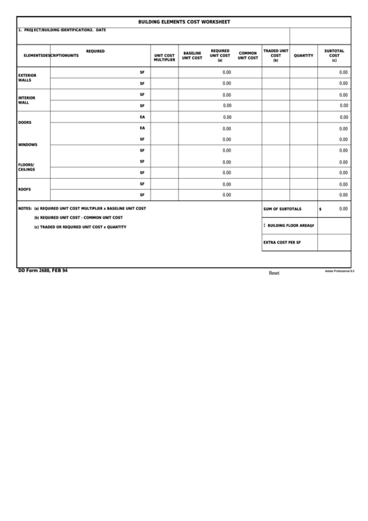 Fillable Dd Form 2688 - Building Elements Cost Worksheet Printable pdf