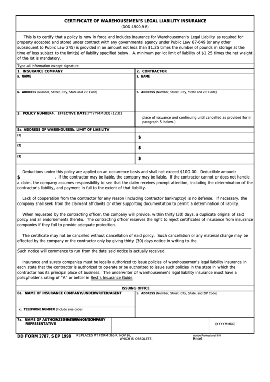 Fillable Dd Form 2787 - Certificate Of Warehousemen