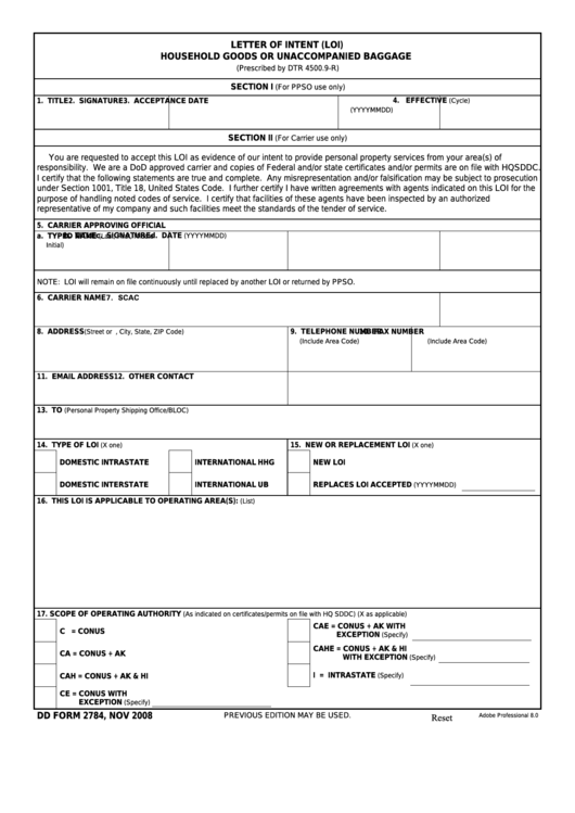 Fillable Dd Form 2784 - Letter Of Intent (Loi) Household Goods Or Unaccompanied Baggage Printable pdf