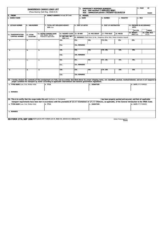 Fillable Dd Form 2776 - Dangerous Cargo Load List Printable pdf