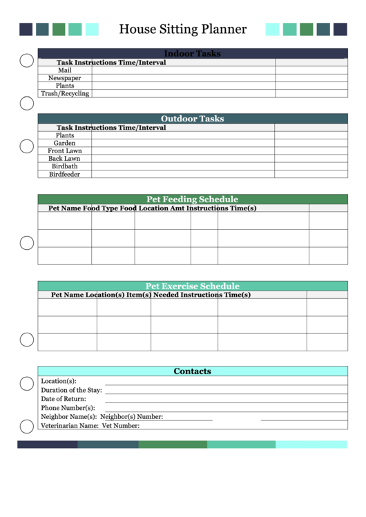 House Sitting Planner Templates Printable pdf