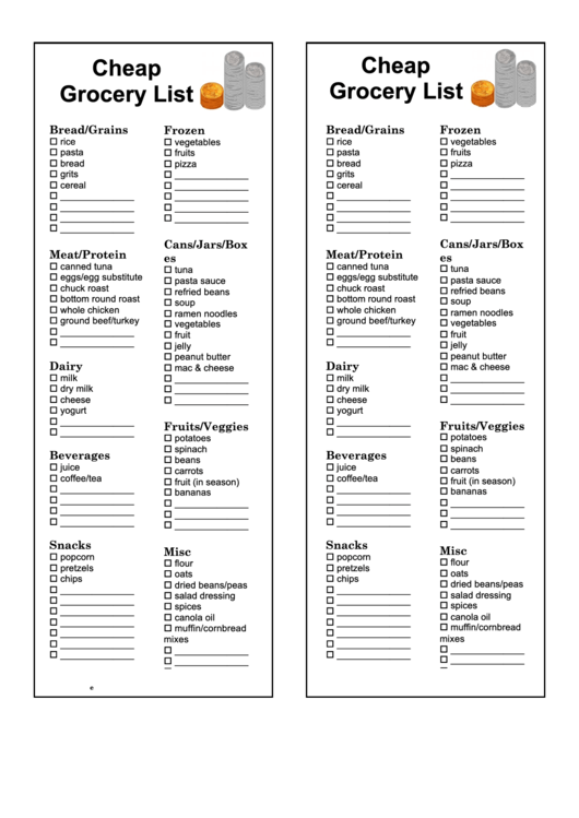 Cheap Grocery List Template Printable pdf