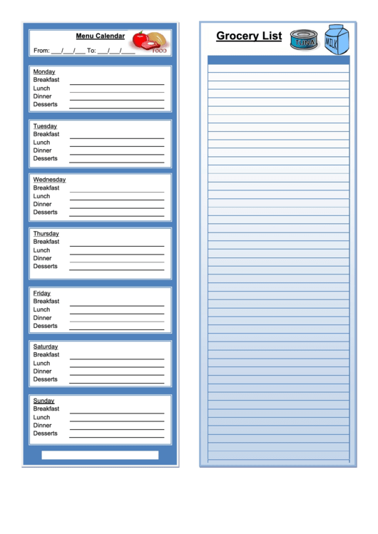Menu Calendar Template With Grocery List Printable pdf