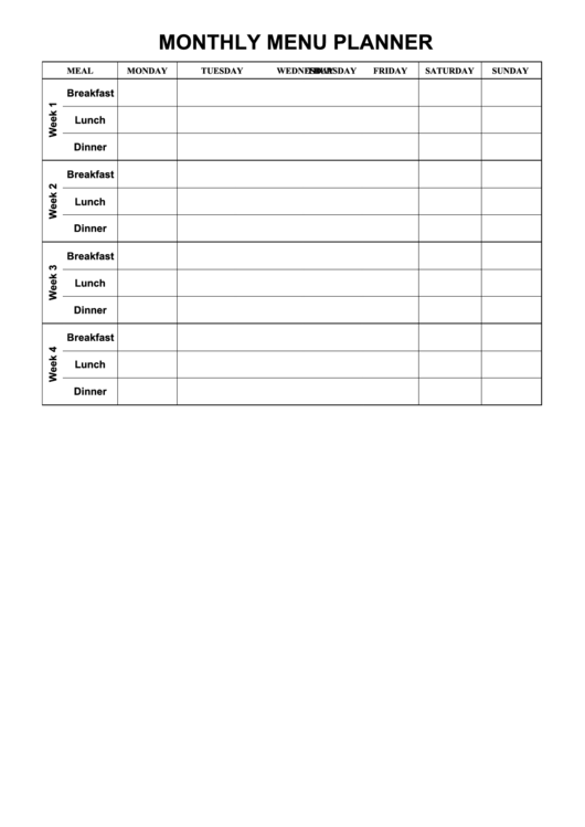 Monthly Menu Planner Template (Black And White) Printable pdf