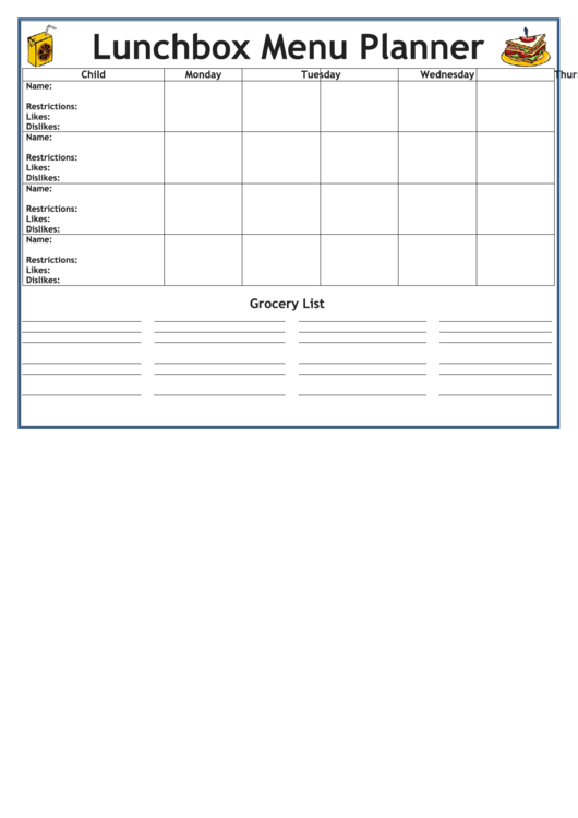 Lunchbox Menu Planner Template With Grocery List Printable pdf