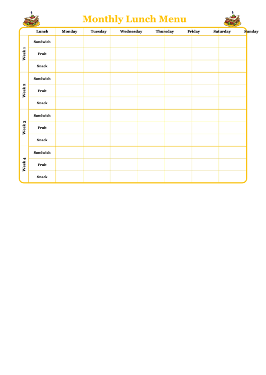 Monthly Lunch Menu Planner Template Printable pdf