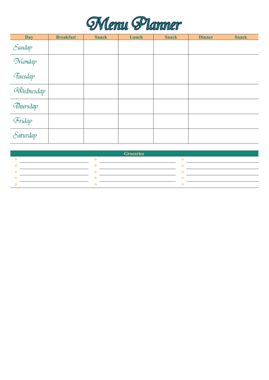 Six-a-day Menu Planner Template With Grocery List
