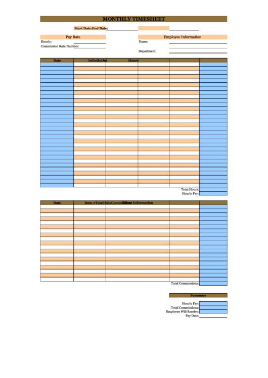 Monthly Commissions Timesheet Template Printable pdf
