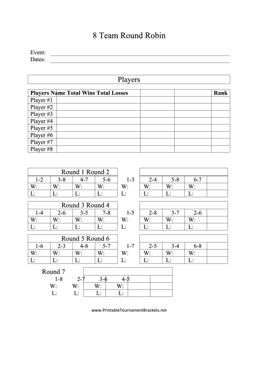 8 Team Round Robin Template Printable pdf