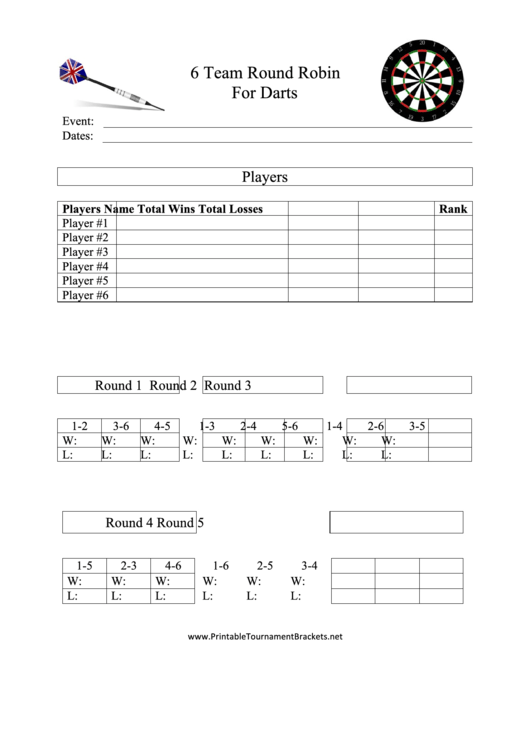 6 Team Round Robin Darts Tournament Template Printable pdf