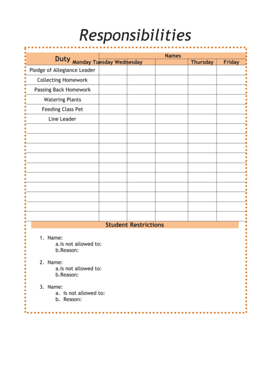 Responsibilities Chart Printable pdf