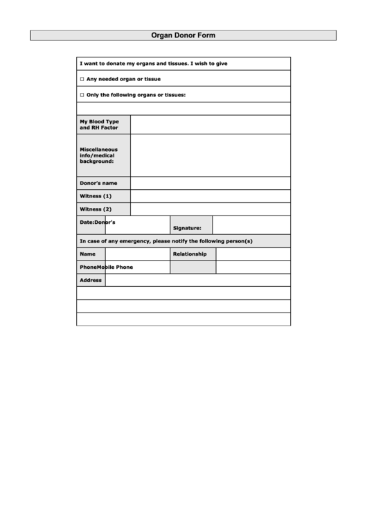 Organ Donor Form Printable pdf