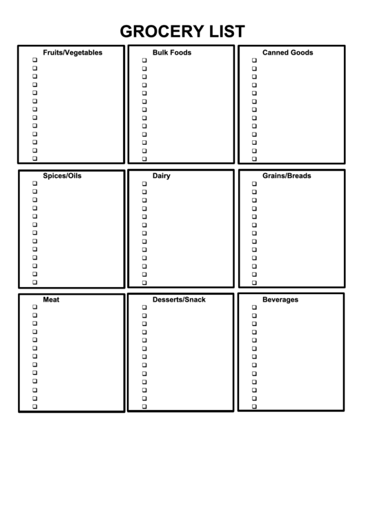 Grocery List Template (By Section) - Black And White Printable pdf