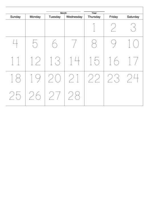 28-Day One Month Calendar Template Printable pdf
