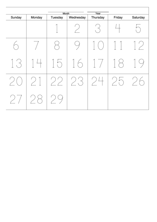 29-Day One Month Calendar Template Printable pdf