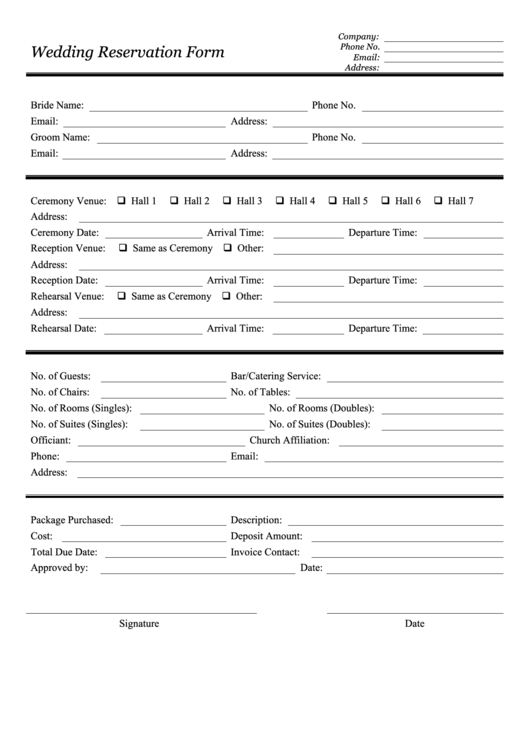 Wedding Reservation Form Printable pdf