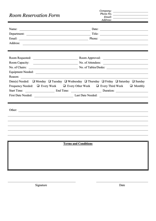 Room Reservation Form Printable pdf