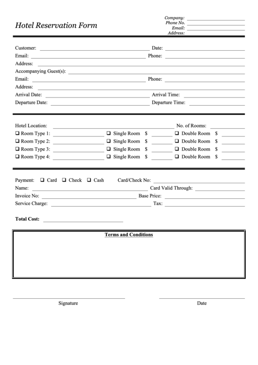 Hotel Reservation Form Printable pdf