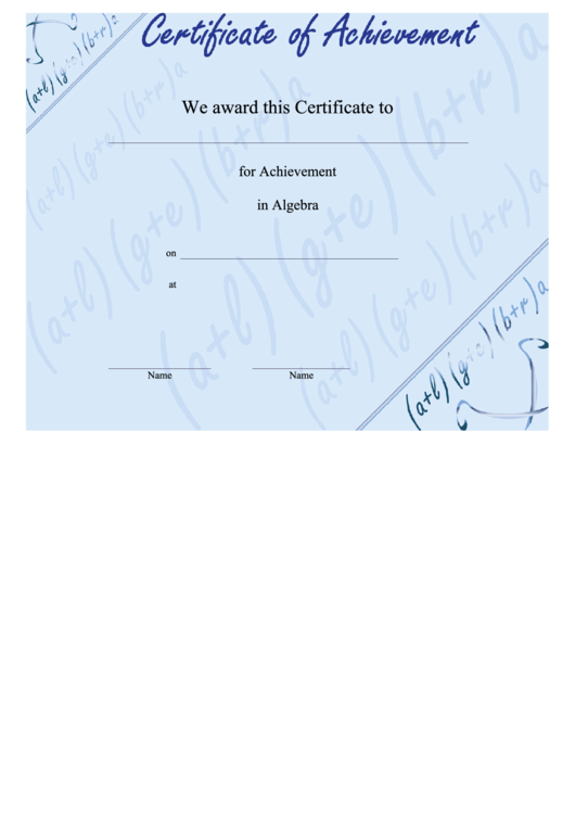 Algebra Achievement Certificate (Blue) Printable pdf