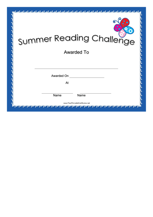 Summer Reading Challenge Blue Certificate