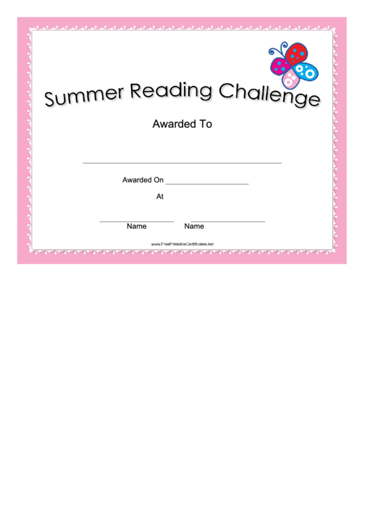 Summer Reading Challenge Pink Certificate Printable pdf