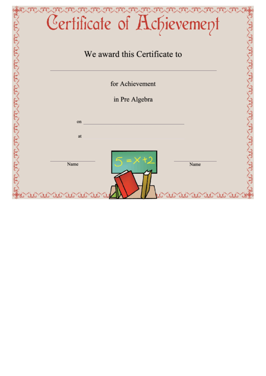 Pre-Algebra Achievement Certificate (Pink) Printable pdf