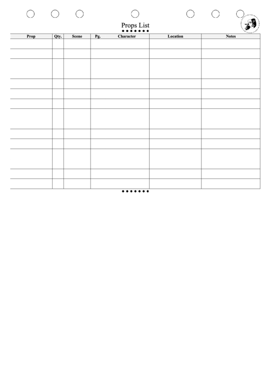 Props List Template Printable pdf