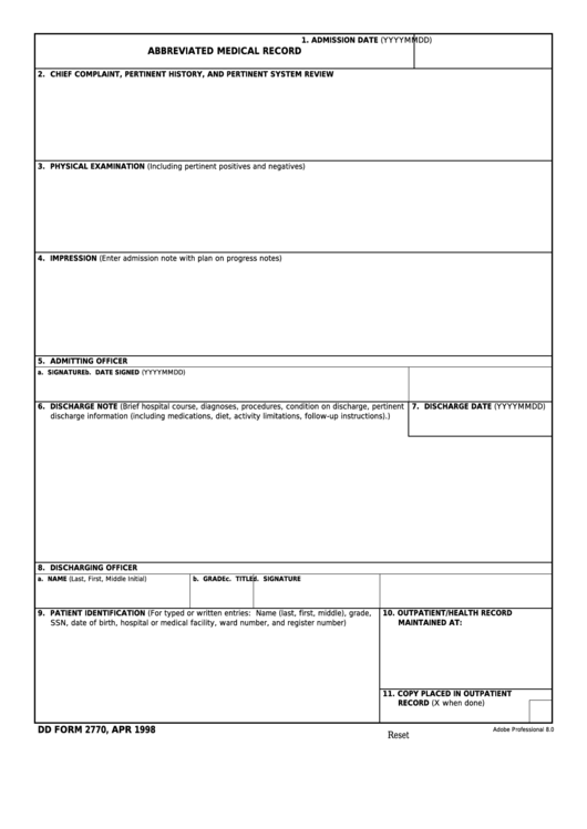 Fillable Dd Form 2770 - Abbreviated Medical Record Printable pdf