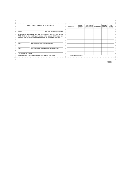 Fillable Dd Form 2758 - Welding Certification Card Printable pdf