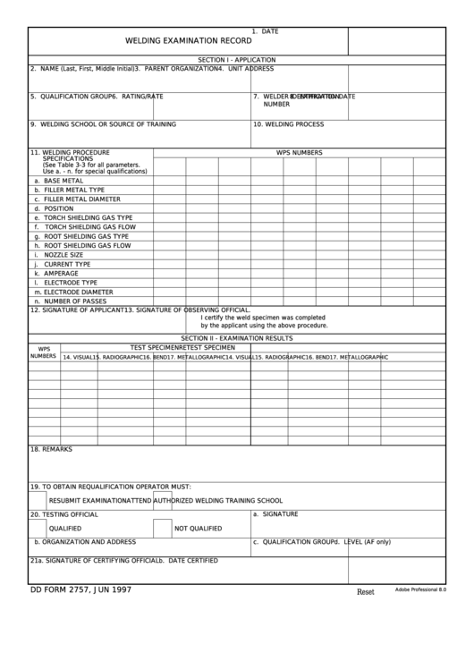 Fillable Dd Form 2757 - Welding Examination Record Printable pdf