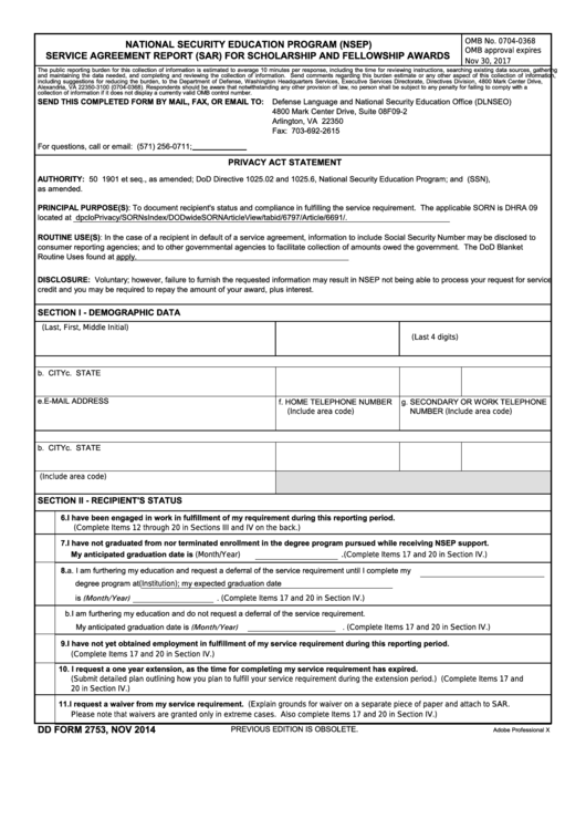 Fillable Dd Form 2753 - Nsep Service Agreement Report For Scholarship And Fellowship Awards Printable pdf