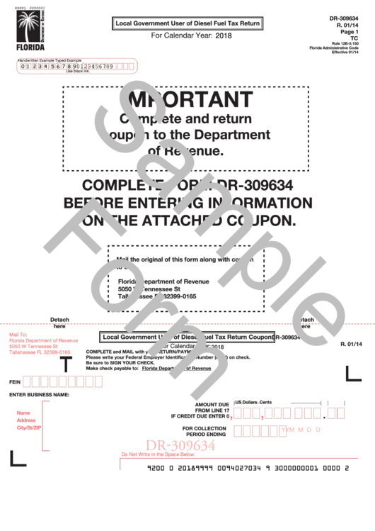 Form Dr-309634 Draft - Local Government User Of Diesel Fuel Tax Return - 2018 Printable pdf