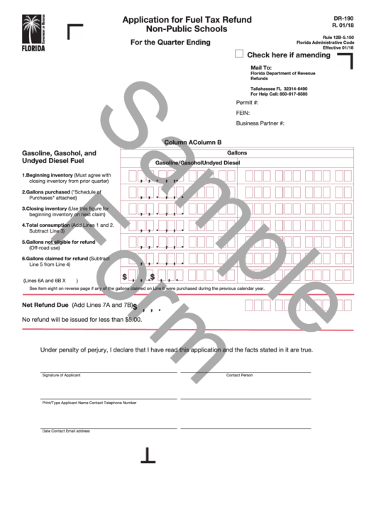 Form Dr-190 Draft - Application For Fuel Tax Refund Non-Public Schools Printable pdf