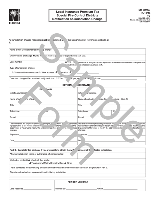 Form Dr-350907 Draft - Local Insurance Premium Tax Special Fire Control Districts Notification Of Jurisdiction Change Printable pdf