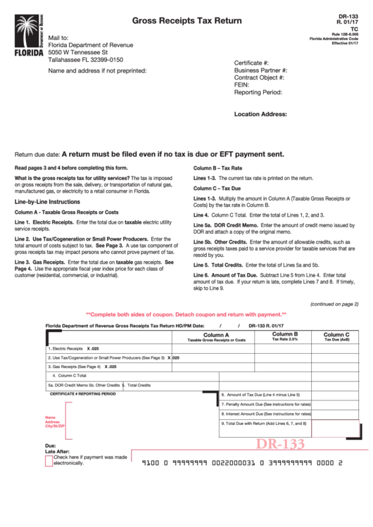 Form Dr-133 - Gross Receipts Tax Return Printable pdf
