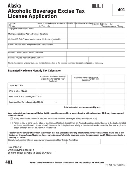 Form 401 - Alcoholic Beverage Excise Tax License Application Printable pdf