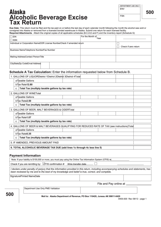 Fillable Form 500 - Alcoholic Beverage Excise Tax Return Printable pdf