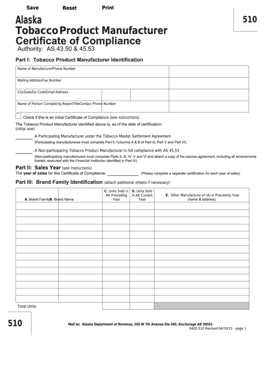 Fillable Form 510 - Tobacco Product Manufacturer Certificate Of Compliance Printable pdf