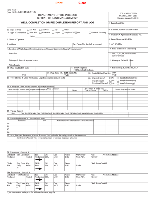 Fillable Form 3160-4 - Well Completion Or Recompletion Report And Log Printable pdf