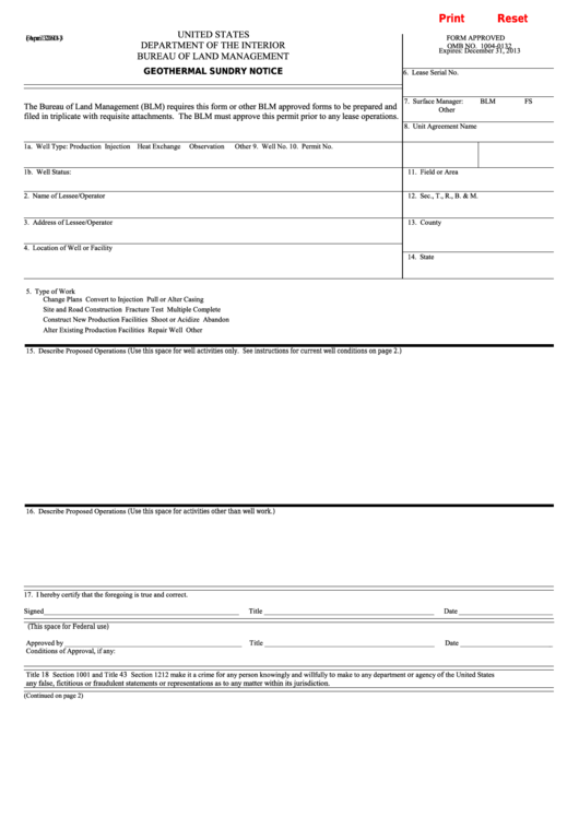 Fillable Form 3260-3 - Geothermal Sundry Notice Printable pdf