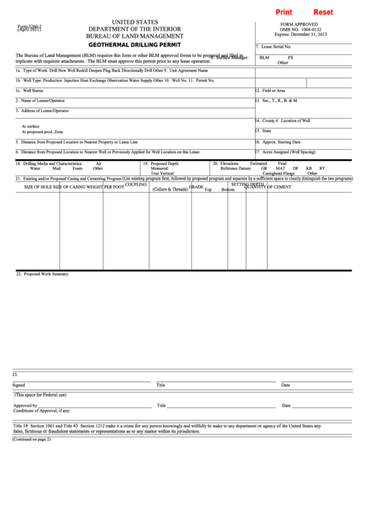 Fillable Form 3260-2 - Geothermal Drilling Permit Printable pdf