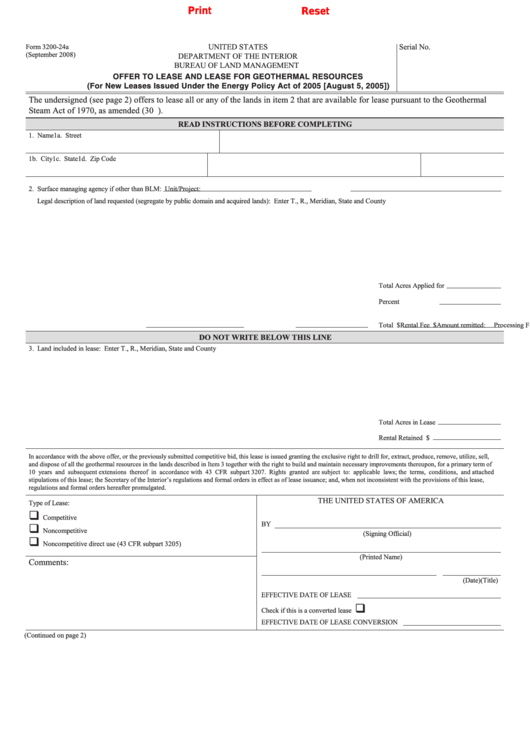 Fillable Form 3200-24a - Offer To Lease And Lease For Geothermal Resources Printable pdf